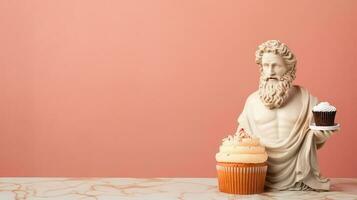 art sculpture de ancien italien de marbre avec une petit gâteau isolé sur une pastel Contexte avec une copie espace photo