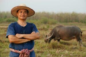 asiatique homme agriculteur porte chapeau, bleu chemise, traverser armon poitrine à animal cultiver. concept, bétail, thaïlandais Les agriculteurs élever et prendre se soucier buffles comme économique et exportation animaux. photo