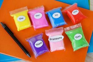 coloré pronoms avec mots sur mini Sacs. concept, Anglais Langue grammaire enseignement matériaux. éducatif aide pour enfants. se souvenir Jeux avec couleurs. photo