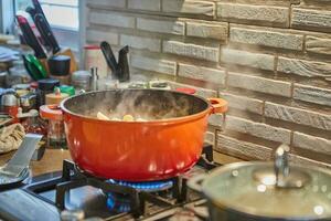 casseroles avec cuisson des aliments dans la cuisine sur cuisinière à gaz photo