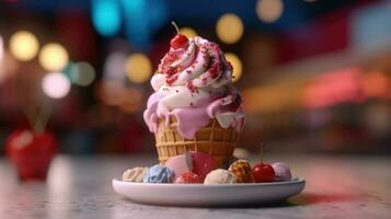 la glace crème dans gaufre Coupe. génératif ai technologie. photo