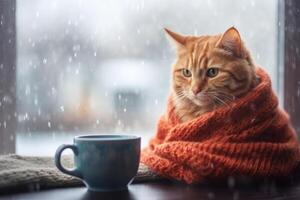 génératif ai technologie. une chat dans une plaid regards en dehors le la fenêtre. photo