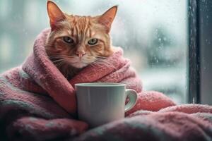 une chat dans une plaid est en buvant thé. génération ai technologie. photo