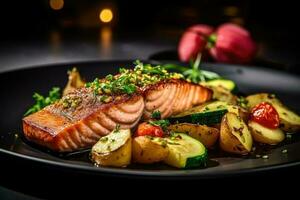 cuit poisson et des légumes frit sur une foncé Contexte. génératif ai technologie. photo