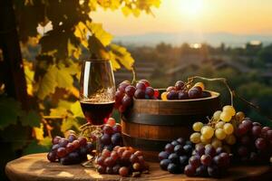 une verre de du vin dans une grain de raisin champ. génération ai technologie. photo