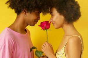 content romantique couple avec une Rose pour Valentin journée photo