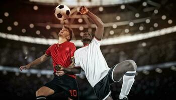 Football action avec en compétition football joueurs sauter à frappé le Balle avec tête photo