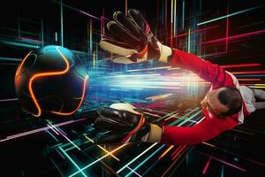 Football scène avec football gardien de but sur futuriste numérique Contexte. génératif ai photo