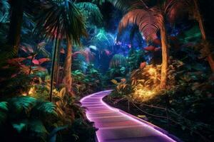 magique sentier illuminé avec violet lumières dans une luxuriant tropical forêt photo