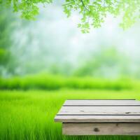 vide en bois table avec flou vert jardin Contexte. pour produit afficher. ai généré photo