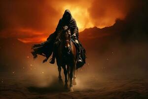 ai génératif soldat sur cheval dans bataille sol avec caché visage , ashura journée concept photo