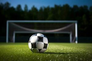 ai génératif football Balle sur le vert herbe et objectif net dans Football stade photo