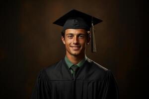 ai génératif Jeune diplômé avec casquette sur solide Couleur Contexte séance photo