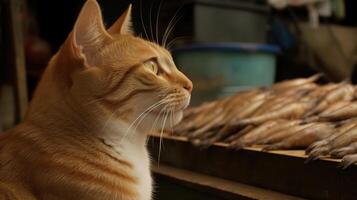 mignonne chat en train de regarder le poisson. marrant chaton reniflement le poisson. généré ai. photo