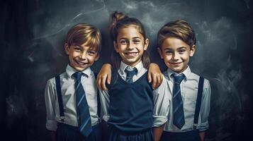 école élève, garçon et fille permanent dans de face de noir planche. école les enfants couple. généré ai. photo