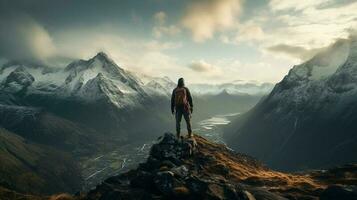 ai génératif une encapuchonné guerrier homme des stands un haut une robuste Montagne de pointe photo