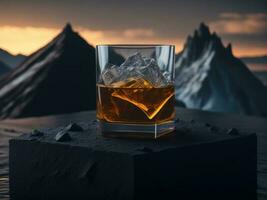 Vide whisky verre avec une petit rond la glace cube dans le verre podium maquette dans lave courant pour produit présentation et lave Montagne sol arrière-plan.génératif ai photo