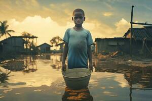 africain garçon dessiner l'eau dans bouteilles de une rivière. photo