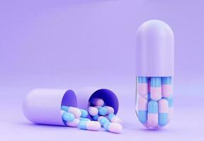 pastel Couleur médicament pilules. petit rose et bleu pilules à l'intérieur violet gros tablette capsule. 3d le rendu. pharmacie et soins de santé concept. drogues conscience. photo