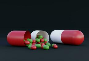 rouge et vert médicament pilules. minuscule pilules répandre en dehors de gros déchue tablette capsule. 3d le rendu. pharmacie et soins de santé concept. drogues conscience. photo