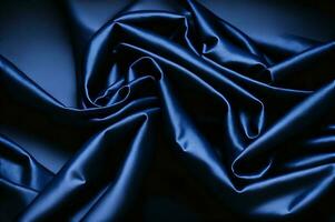 foncé bleu soie en tissu arrière-plan, vue de au-dessus de. lisse élégant bleu soie ou satin luxe tissu texture ai génératif photo