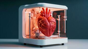3d imprimante impressions une Humain cœur. médical implantation de organes. ai généré. photo