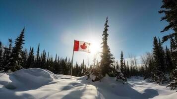 Canada indépendance journée. nationale drapeau dans le vent dans une neigeux épicéa forêt. ai généré. photo