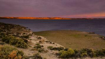 côtier paysage dans péninsule valdés à crépuscule, monde patrimoine placer, patagonie Argentine photo