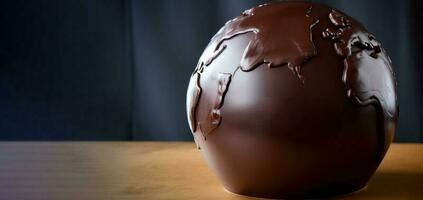 Chocolat jour, planète Terre dessert dans une bonbons magasin, foncé Contexte. ai généré. photo