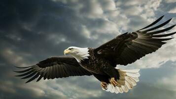 nous indépendance journée juillet 4ème, une planant chauve Aigle contre une jour nuageux ciel. ai généré. photo