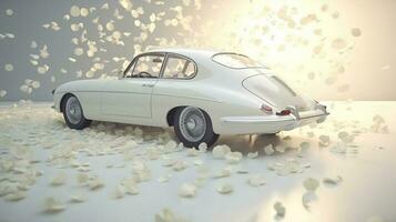 mariage blanc voiture décoré avec de fête fleurs, Rose pétales Contexte. ai généré. photo