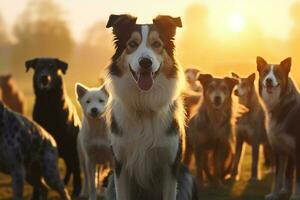 ensemble de chiens, différent tailles et races Extérieur à le coucher du soleil ai généré photo