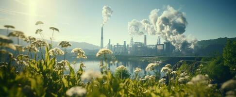 industriel paysage avec une grand plante sur le Contexte de bleu ciel ai généré photo