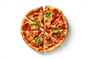 tranches de Frais rond Pizza avec Viande, des légumes et fromage Haut vue sur une blanc Contexte ai généré photo