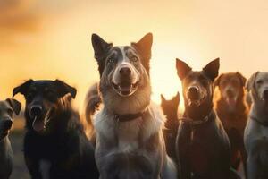 ensemble de chiens, différent tailles et races Extérieur à le coucher du soleil ai généré photo