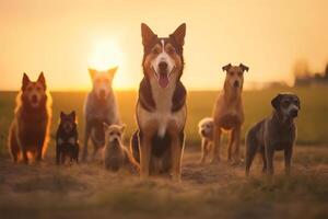 ensemble de chiens, différent tailles et races Extérieur à le coucher du soleil ai généré photo