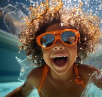 enfant dans nager bassin avec des lunettes de soleil souriant, dans le style de photo-réaliste paysages ai généré photo