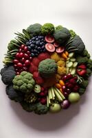 une bouquet de des fruits et des légumes arrangé dans une cercle. ai généré photo