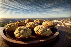 une en bois assiette surmonté avec muffins sur Haut de une en bois tableau. ai généré photo