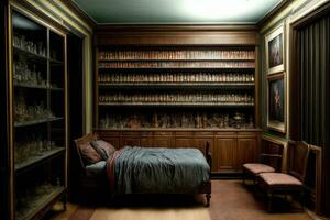 une lit séance dans une chambre suivant à une livre étagère. ai généré photo