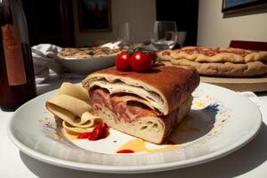 une proche en haut de une assiette de nourriture sur une tableau. ai généré photo