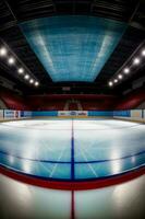 un la glace patinoire dans une le hockey stade avec lumières. ai généré photo