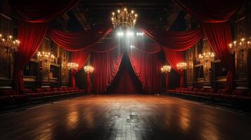 théâtre organiser, avec rouge rideau, en bois sol, chaises et éclairage ai génératif photo