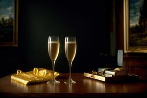 deux des lunettes de Champagne séance sur Haut de une en bois tableau. ai généré photo