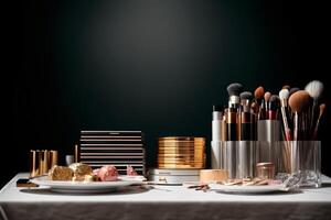 une table surmonté avec beaucoup de maquillage brosses. ai généré photo