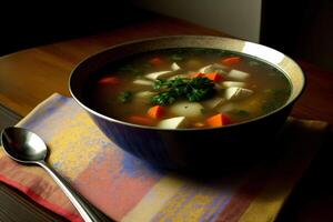 une bol de soupe séance sur Haut de une tableau. ai généré photo