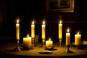 une groupe de allumé bougies séance sur Haut de une tableau. ai généré photo