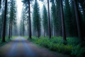 une saleté route dans le milieu de une forêt. ai généré photo