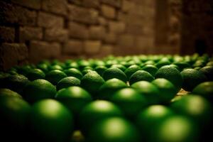 une groupe de citrons verts séance sur Haut de chaque autre. ai généré photo