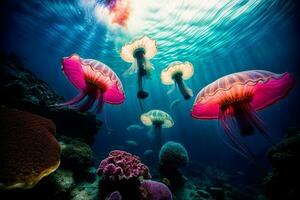 une groupe de méduse nager dans le océan. ai généré photo